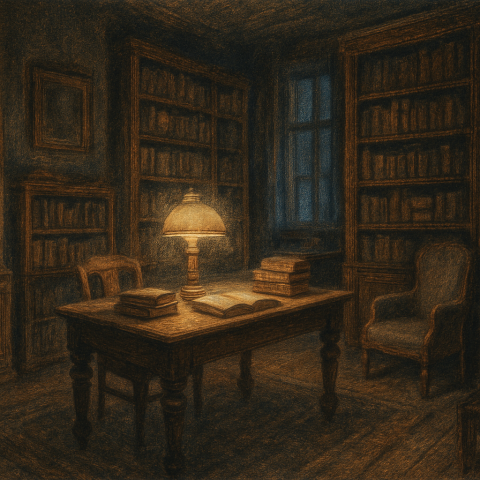 Кабинет коллекционера книг. 2025. Иллюстрация. Кабинет коллекционера книг. 2025.